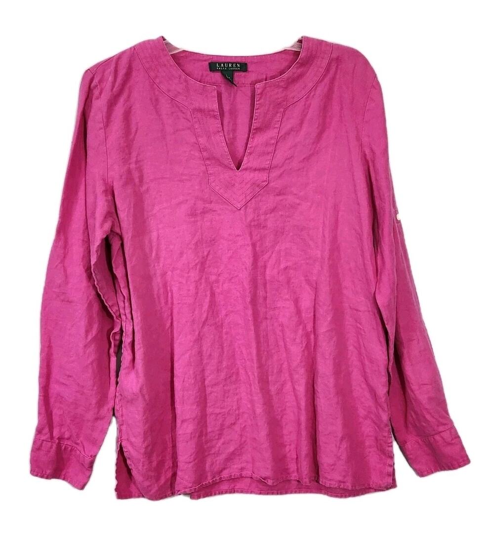 Ralph Lauren 100% Linen Fuschia Top Tunic Lagenlook Longline Beachy Resort Sz Lg
